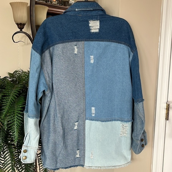 Brand New ELAN Patchwork Jacket Denim Button Up Jean Shacket Distressed Frayed - Picture 9 of 14